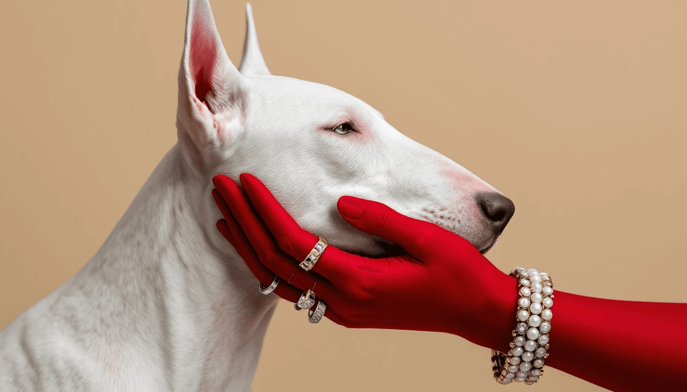 Close-up of a white bull terrier being gently held by a red-gloved hand adorned with rings and pearl bracelets, generated with Fiddl.art