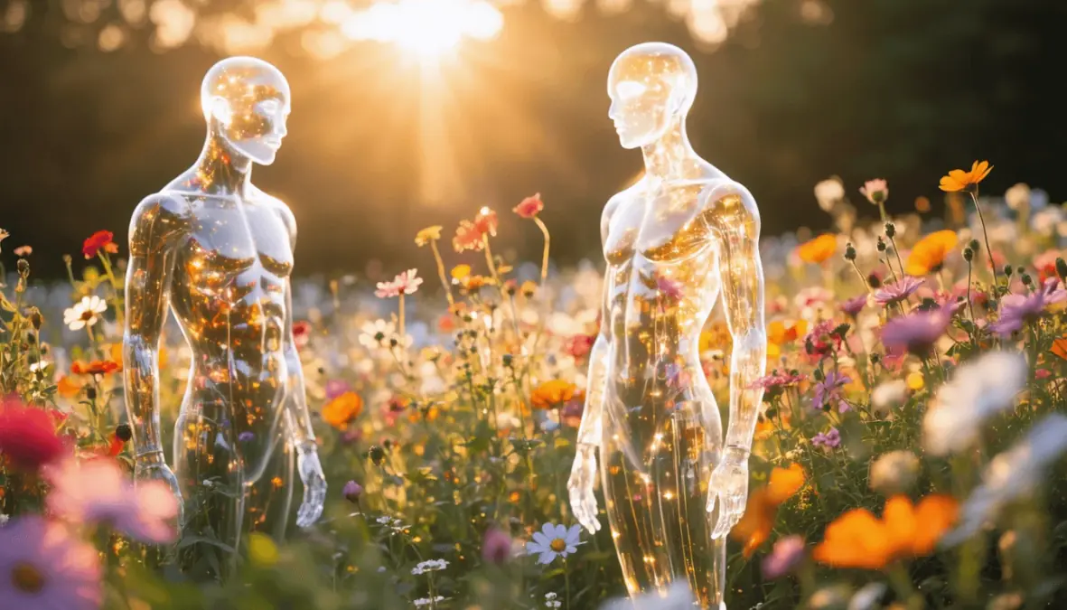 Two glowing figures in a vibrant flower field at sunset.