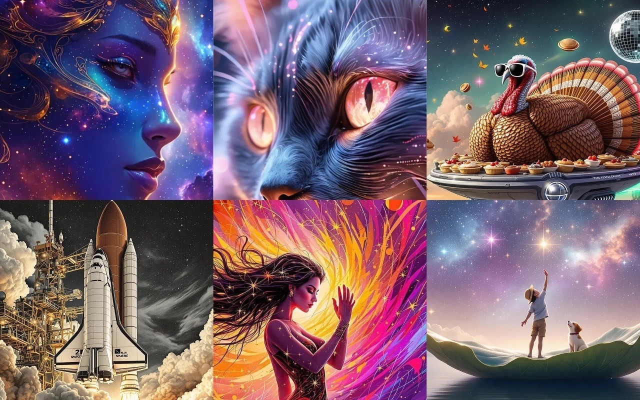 Vibrant fantasy collage for AI art generator comparison of DALL-E 3 and Fiddl.art.