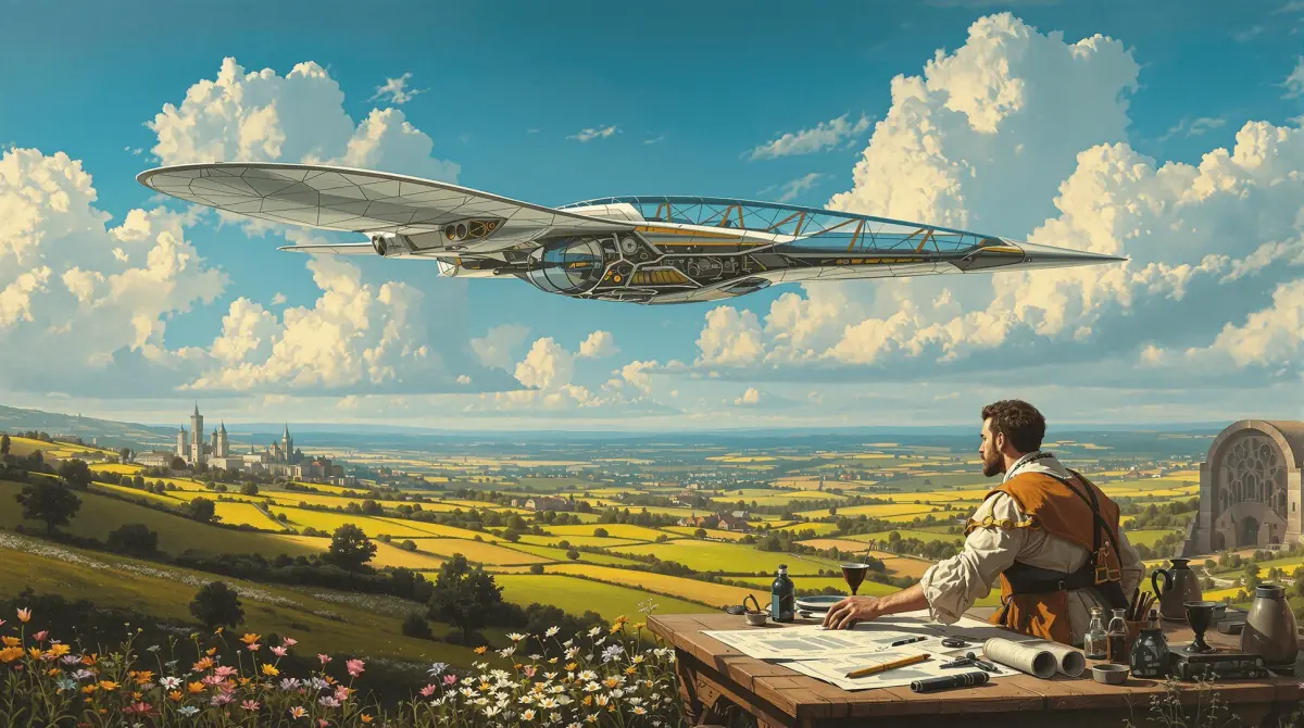 Renaissance man drafting at a desk as a futuristic aircraft flies above a scenic landscape.