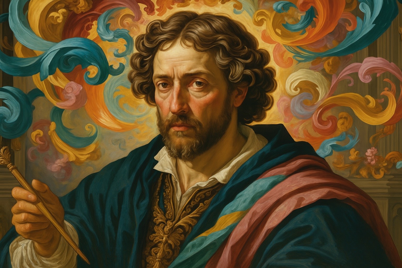 추상적인 도형 앞에 있는 화가를 그린 르네상스 스타일의 그림.