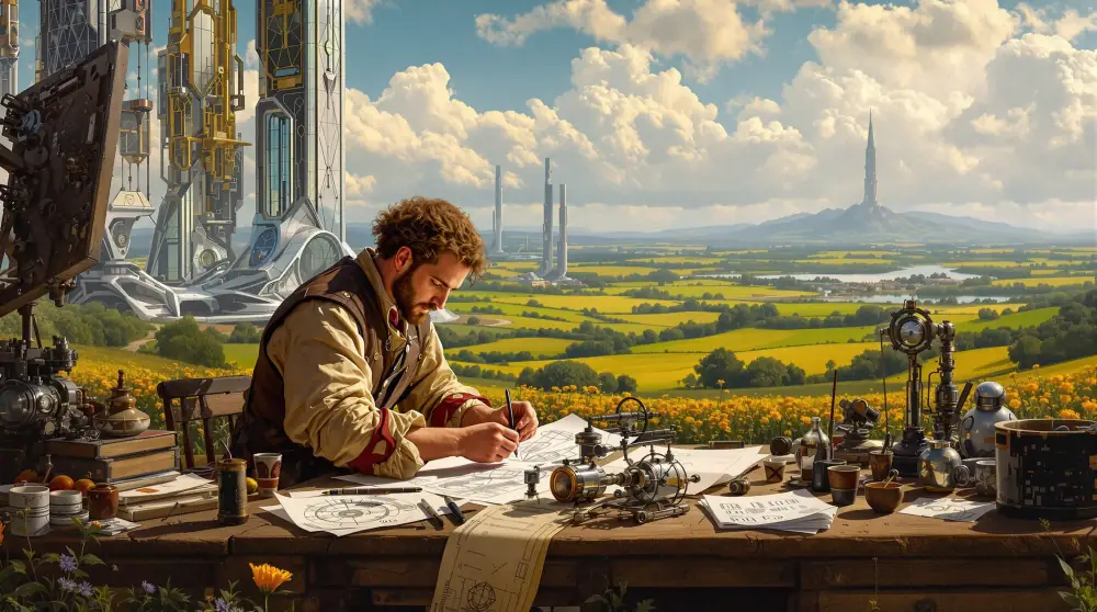 Homem desenhando projetos de modelos de IA em uma mesa, misturando torres futuristas com uma paisagem rural.