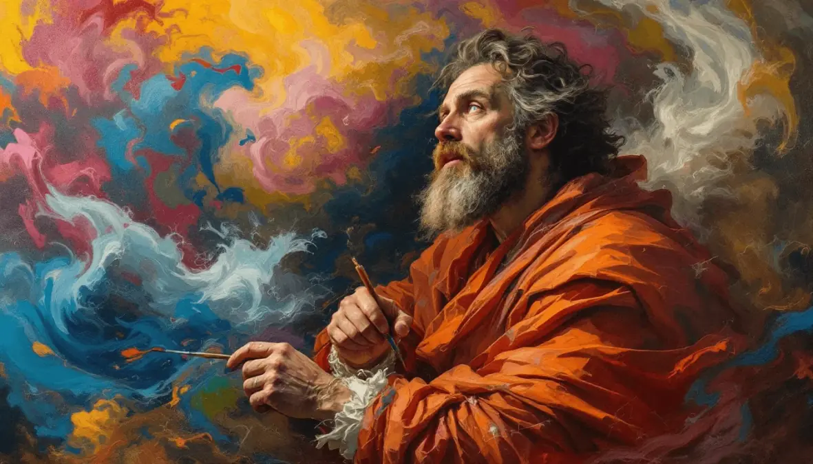 Bearded artist in orange robe paints amidst swirling, colorful clouds of paint.