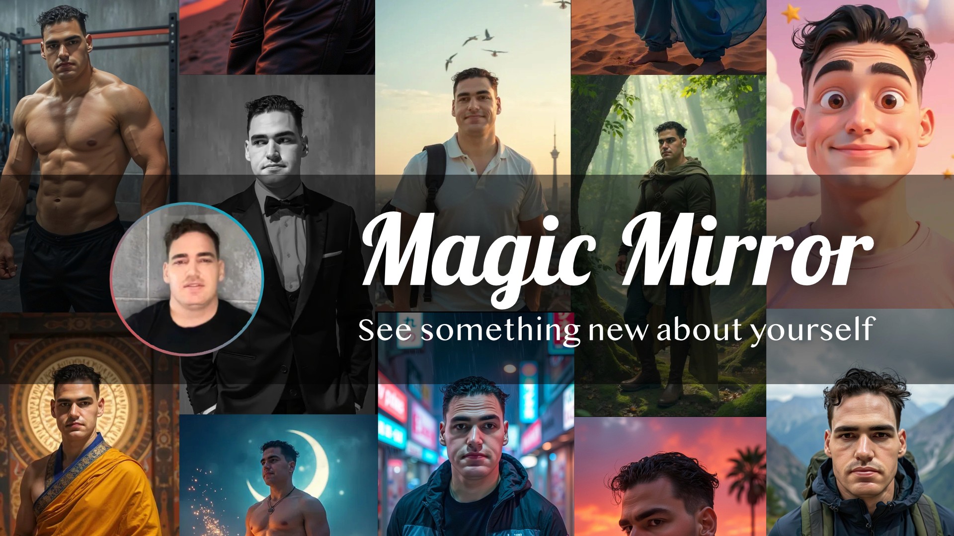 Collage de Magic Mirror que muestra a un hombre en varios estilos generados con IA, con el texto 'Descubre algo nuevo sobre ti'.