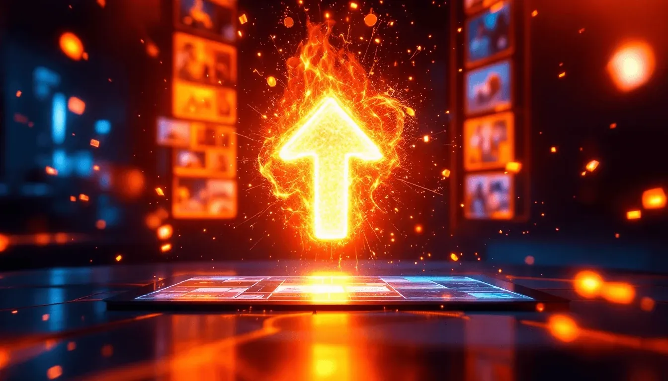 Flecha de voto positivo brillante y ardiente que emerge de una pantalla digital, simbolizando votos positivos, misiones y puntos.