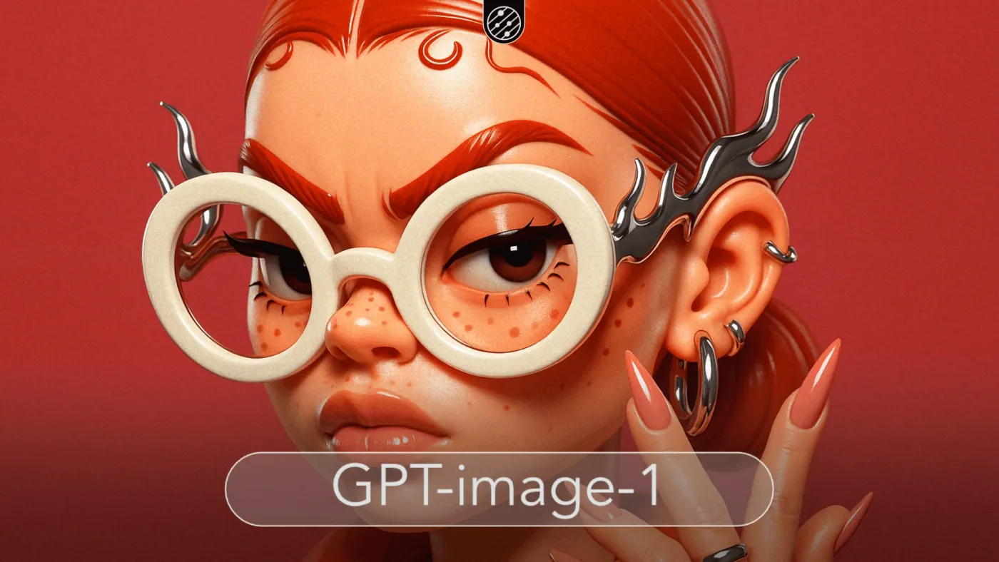 Ilustración estilizada de una persona con cabello rojo, gafas blancas y accesorios de llamas sobre un fondo rojo. GPT-image-1.