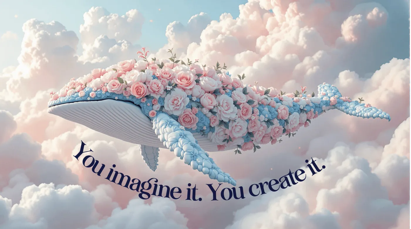 Ballena floral flotando en nubes de ensueño en tonos pastel — texto: “You imagine it. You create it.” — creada con Fiddl.art.
