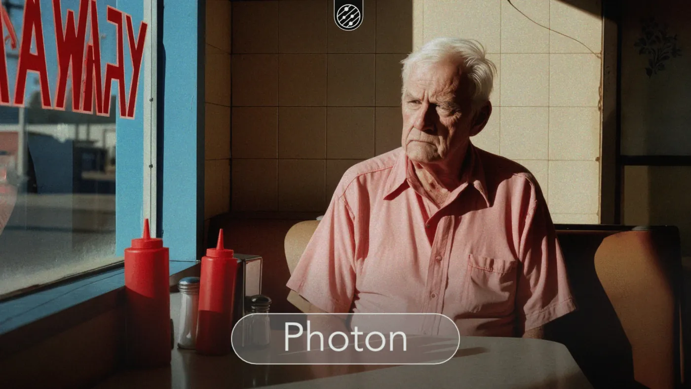 Elderly man in pink shirt sits contemplatively in sunlit diner booth. Realistic lighting and shadows showcase Photon AI's capabilities.