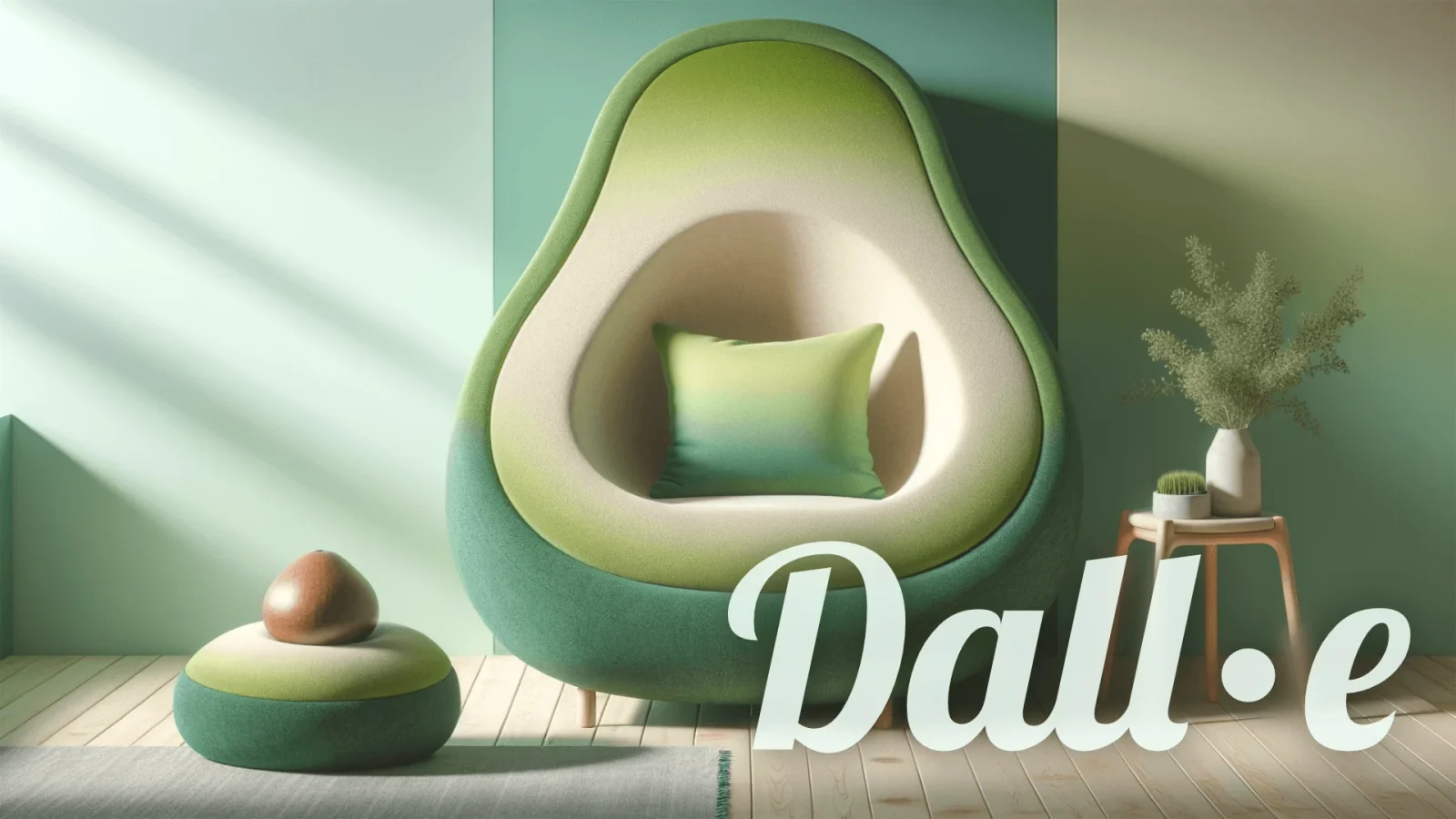 アボカドの形をしたモダンな緑色の椅子と、お揃いのスツール、クッション。手前には「Dall·e」というテキスト。